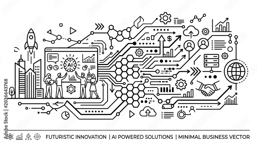 Obraz premium Business people work on futuristic AI solutions with innovation and technology in a minimal vector illustration.