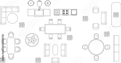Set of elements for interior furniture design, top view floor plan icons, collection of living room and dining room layouts, essential CAD blocks for architects