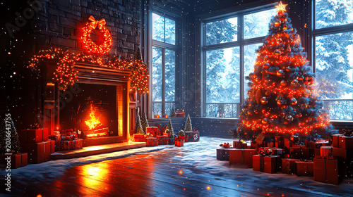 Cozy room interior with Christmas tree and candles and fireplace, Christmas decoration