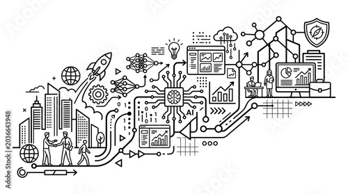 Business professionals analyze data in a modern city with technology and innovation elements.