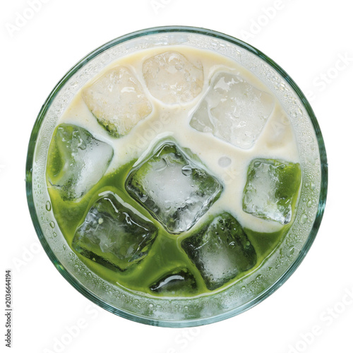 Top view of an isolated glass of iced matcha latte with distinct green tea and milk layers, swirling ice cubes, and condensation droplets, realistic soft shadows, transparent cutout PNG background, ul