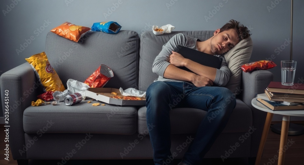 Obraz premium A man sleeps on a gray couch surrounded by junk food and trash in a messy living room