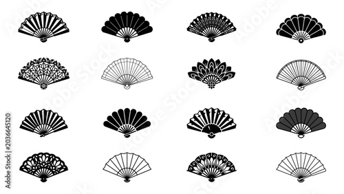 Folding hand fan icons set