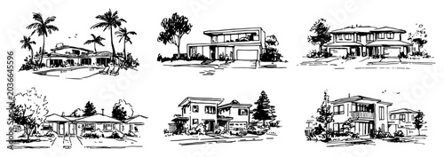 Photos Modern suburban houses and contemporary luxury villas in hand drawn architectura