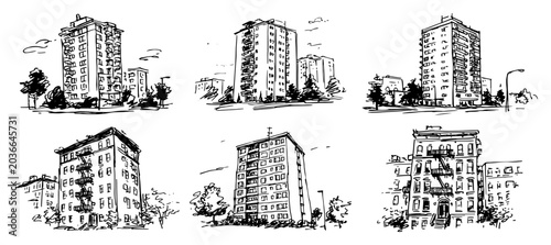 Photography Residential apartment blocks and city tenement buildings in detailed hand drawn