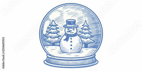 Schilderij op canvas Snow Globe With Snowman Illustration Blue Sketch Style On White Background