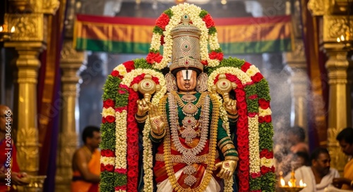 Ornate statue of lord venkateswara adorned with vibrant flower garlands in a traditional hindu temple setting