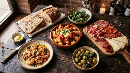 Delicious tapas spread on wooden table by window perfect for World Tapas Day