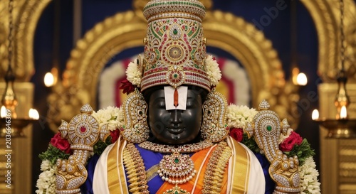 Ornate golden idol of lord venkateswara adorned with precious jewels and flowers in a traditional temple setting