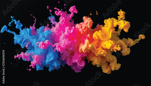 Quadro su tela Colorful pink blue and yellow paint clouds swirling in dark liquid with blooming