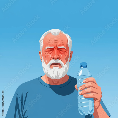 Vector illustration of a senior man with white beard suffering from heat exhaustion, showing a red flushed face and sweat, holding a plastic water bottle against a clear blue sky.