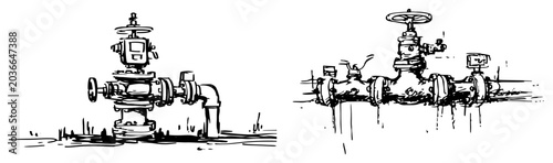 Fotografía Industrial pipeline valves and heavy duty pipe systems in hand drawn sketch styl