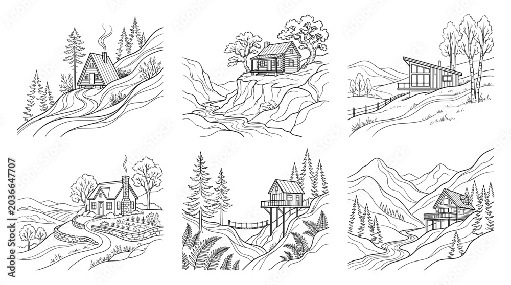 Obraz premium Collection of six line art illustrations depicting cabins and houses in natural landscapes