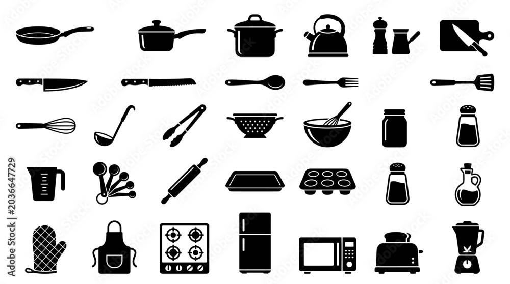 Fototapeta premium Collection of kitchen utensils and appliances icons for cooking and baking