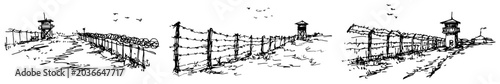 Photos Border fence with barbed wire and military watchtowers in high security area in