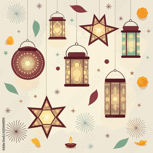 Colorful hanging lanterns and stars decoration.
