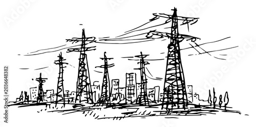 Photos High voltage electricity pylons and power lines in industrial landscape sketch s