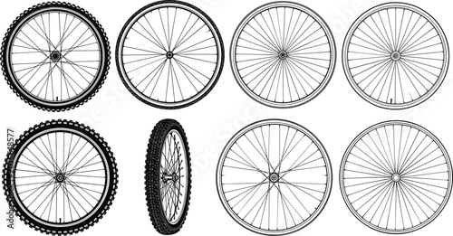 Foto Bicycle wheel vector illustration set with mountain bike and road bicycle tires