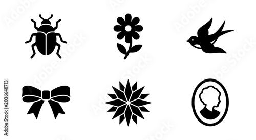 Vector Icons Set: Insect, Flower, Bird, Bow, Starburst, Cameo Silhouette Collection