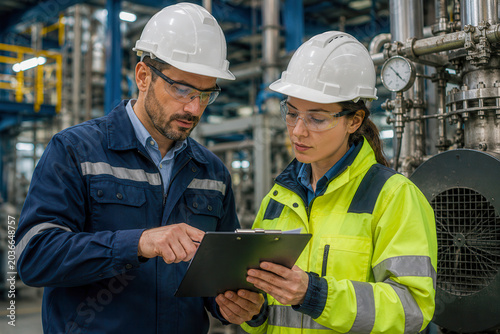 Two engineers are in a manufacturing facility. They wear safety helmets and glasses. They are looking at a clipboard while discussing project details.