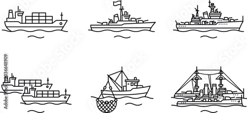 Quadro su tela Commercial and Military Ships Line Icon Set Featuring Cargo Container Freighters