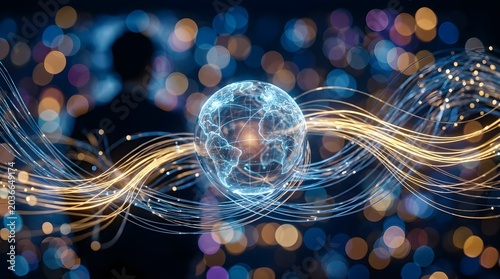 Global Connectivity Network with Glowing Digital Earth and Light Trails