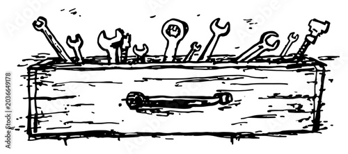 Toolbox drawer filled with wrenches and hand tools in hand drawn sketch style