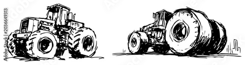 Photos Heavy industrial tractors and agricultural machinery in expressive ink sketch st