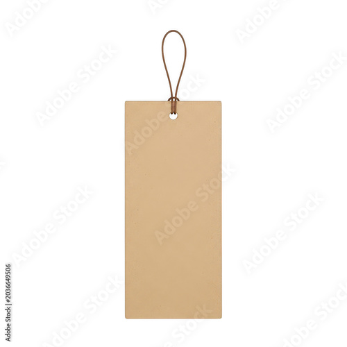 A blank beige rectangular price tag with a brown string loop, simple hanging label for retail merchandise or gift studio shot on background isolated on a transparent background