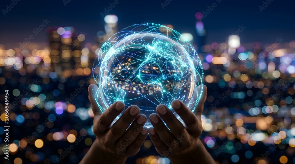 Fototapeta premium Global Digital Network and Connectivity Concept with City Background