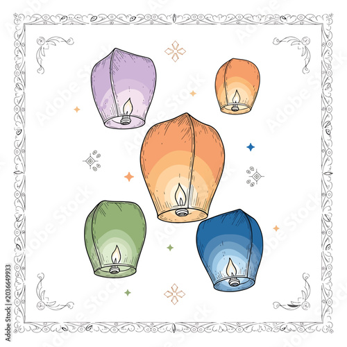 Colorful lanterns in decorative frame.