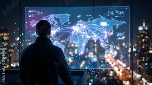 Futuristic digital global networking interface with world map display