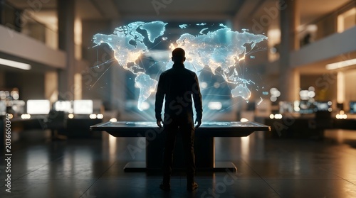 Global networking concept with businessman viewing world map hologram