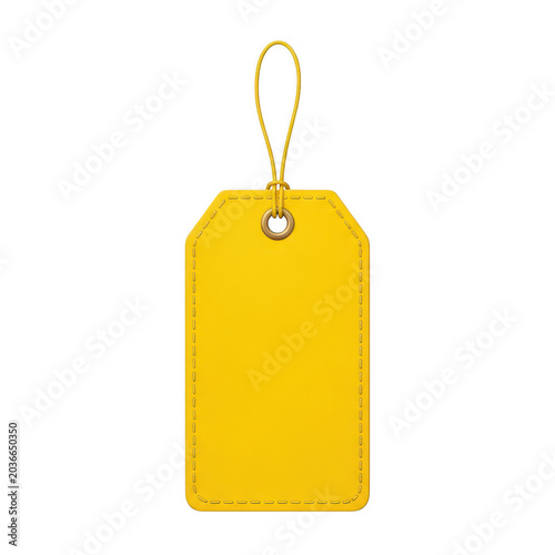 Bright yellow rectangular paper price tag with a string loop for retail product labeling and sales promotion on a clean simple surface isolated on a transparent background