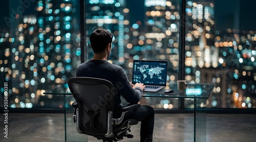 Businessman working on global network connection on laptop in night office