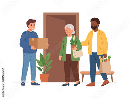 Young man delivering a package to an elderly woman and a man helping her with groceries at the doorway of a house