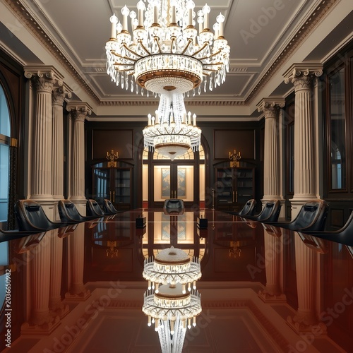 Reflection Only Framing Crystal Chandeliers Corinthian Columns Mirrored Glossy Boardroom