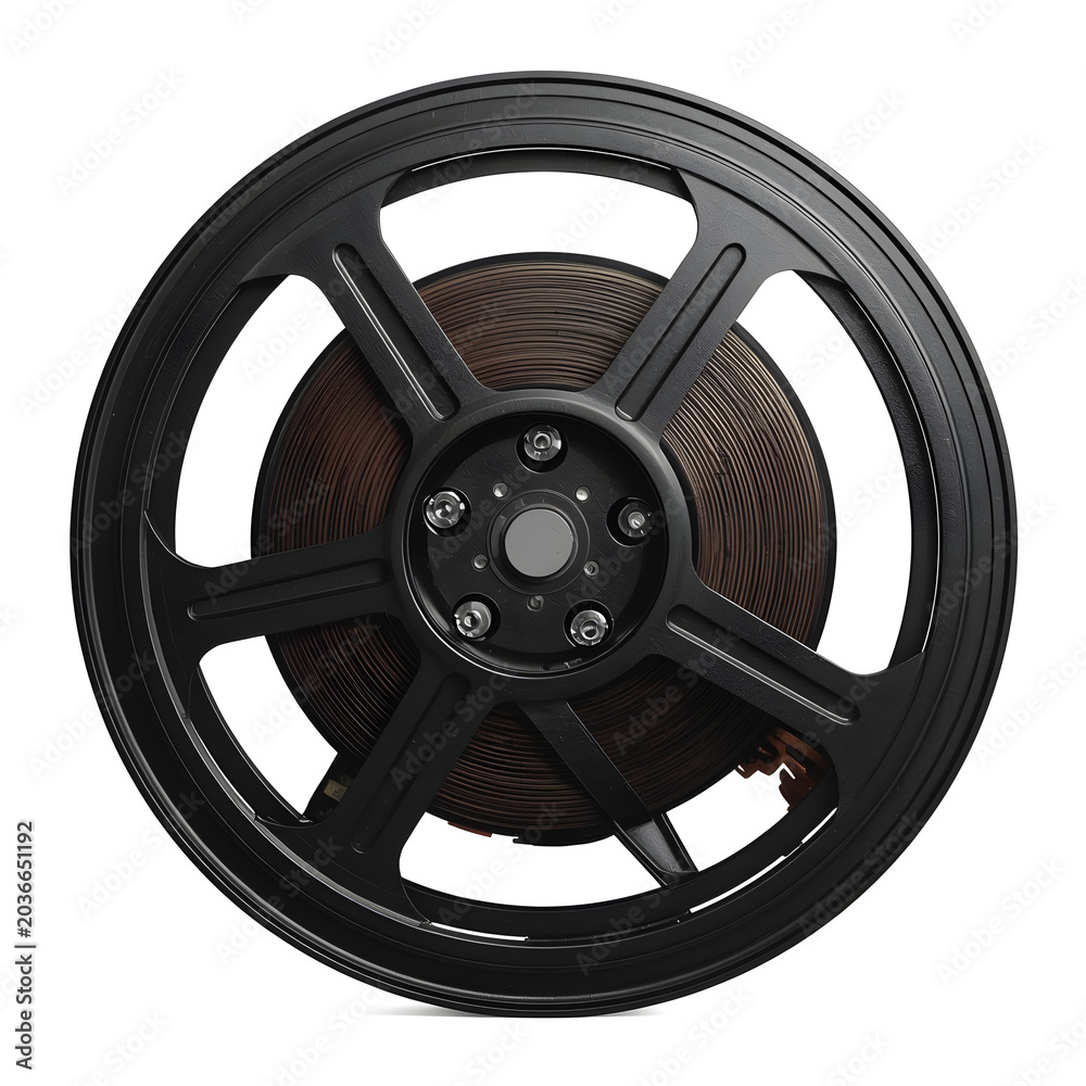 Obraz premium A large spool of wire on a black plastic reel with a white background
