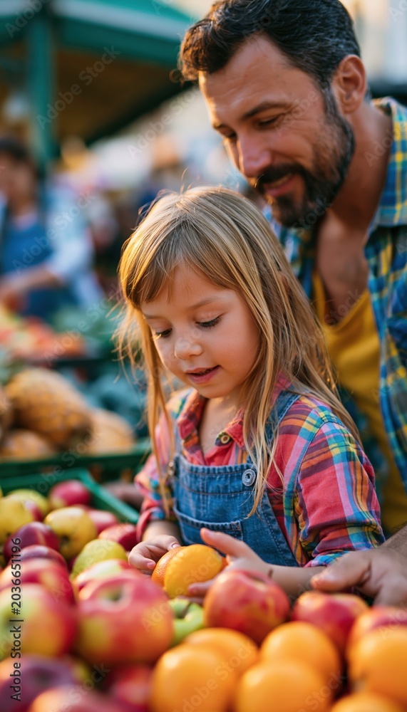 Fototapeta premium Parent and child choosing fresh fruit at outdoor market stall