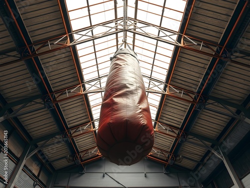 Worm's Eye View Hanging Heavy Punching Bag Suspended Rusted Industrial
