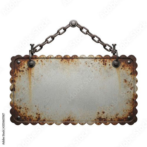 Weathered metal sign plate with rust patina and decorative scalloped edges hanging from heavy industrial chains for vintage industrial signage isolated on a transparent background