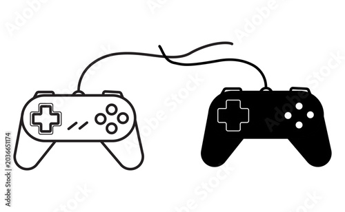 Obraz na plátně Two video game controllers connected together with a long wire representing mult