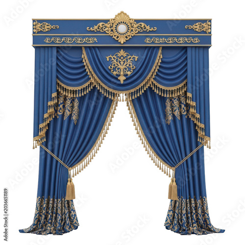 Royal blue curtains with ornate gold embroidery and decorative tassels for interior window treatment and classic home decor isolated on a transparent background