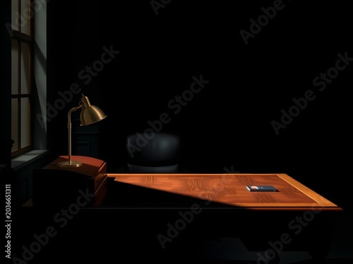 Single Diagonal Shaft Morning Light Cutting Across Empty Mahogany Executive