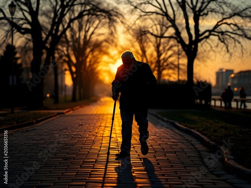 Elderly Silhouette Walking Cane Quiet Park Path Sunset Small Frame