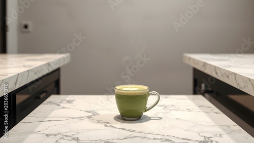 Asymmetric Negative Space Single Steaming Matcha Latte Glowing Bottom Right