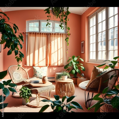 Dutch Angle Sun Drenched Bohemian Living Room Woven Rattan Chairs