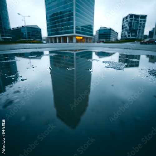 Reflection Only Framing Modernist Office Tower Mirrored Rain Puddle Dawn