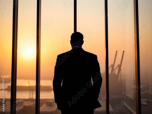 Silhouette Lone Executive Standing Floor Ceiling Windows Overlooking Hazy Industrial