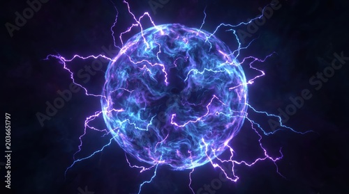 Glowing Electric Plasma Ball with Blue Purple Lightning Bolts on Dark Background Energy Concept